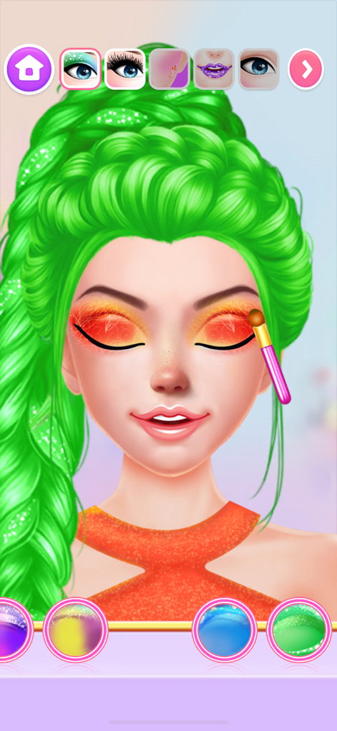 Makeup Salon: Games for Girls - A girl with green hair getting orange eyeshadow applied in a kids makeup game