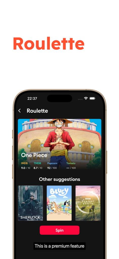 Upflix app interface showing the Roulette feature with a suggested show and IMDB ratings