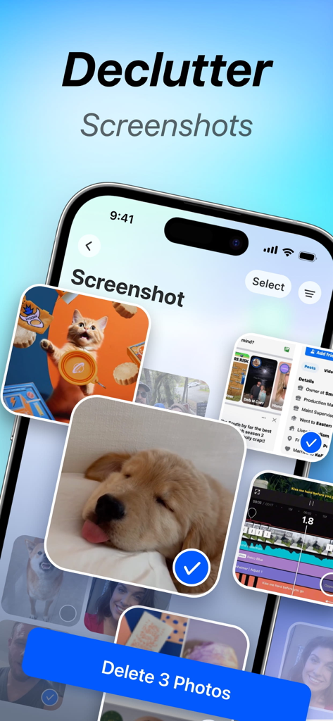 Storage Cleaner: Clean Mate - Storage Cleaner Clean Mate app interface showing the declutter screenshots feature and delete button.