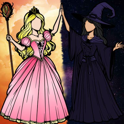 detailed realistic split of a princess and a witch