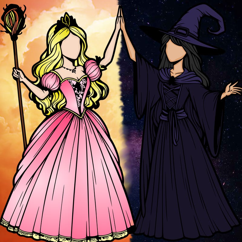 detailed realistic split of a princess and a witch