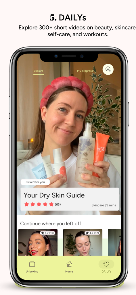 The App by Goodiebox DAILYs screen showing a dry skin guide video and skincare tips