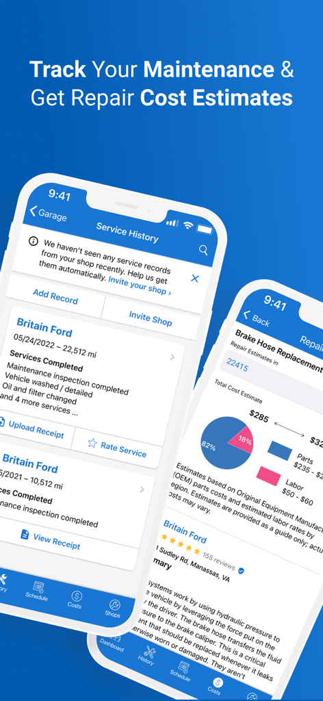 CARFAX Car Care - CARFAX Car Care app screens showing vehicle maintenance history and repair cost estimates.