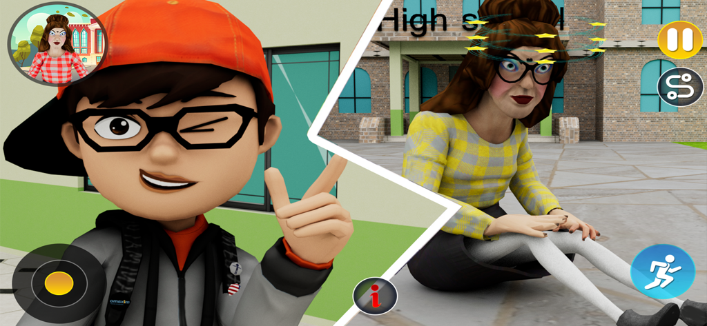 A winking boy points at a dizzy teacher sitting on the ground outside a high school in a 3D prank game scene.