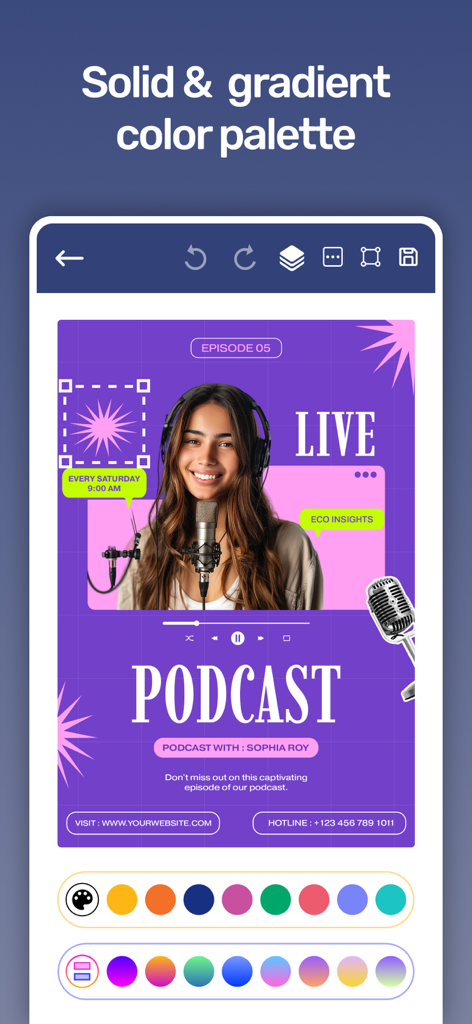 Poster design app interface showing solid and gradient color palette options for creating a podcast flyer.