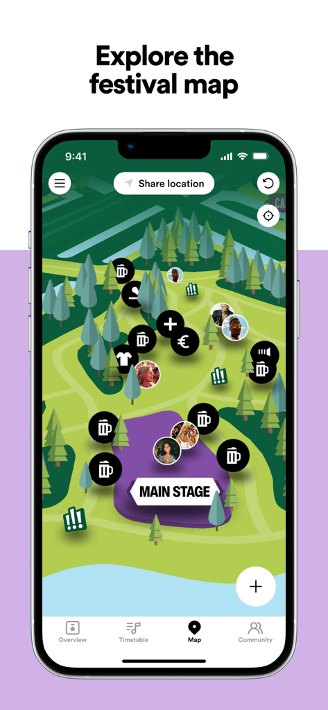 Woov - Your Festival Companion - Interactive music festival map in the Woov app showing friend locations and stage areas