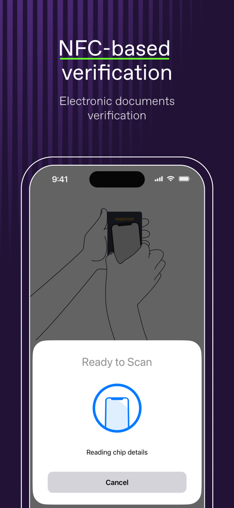 Interface de l'application Regula Document Reader montrant la vérification de documents électroniques basée sur le NFC avec une invite pour scanner un passeport