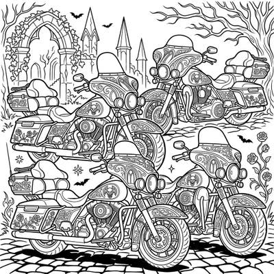 Dive into a world where powerful touring motorcycles meet dark, intricate Gothic artistry. This unique coloring page offers a captivating blend of mechanical might and melancholic elegance, perfect for adult colorists.