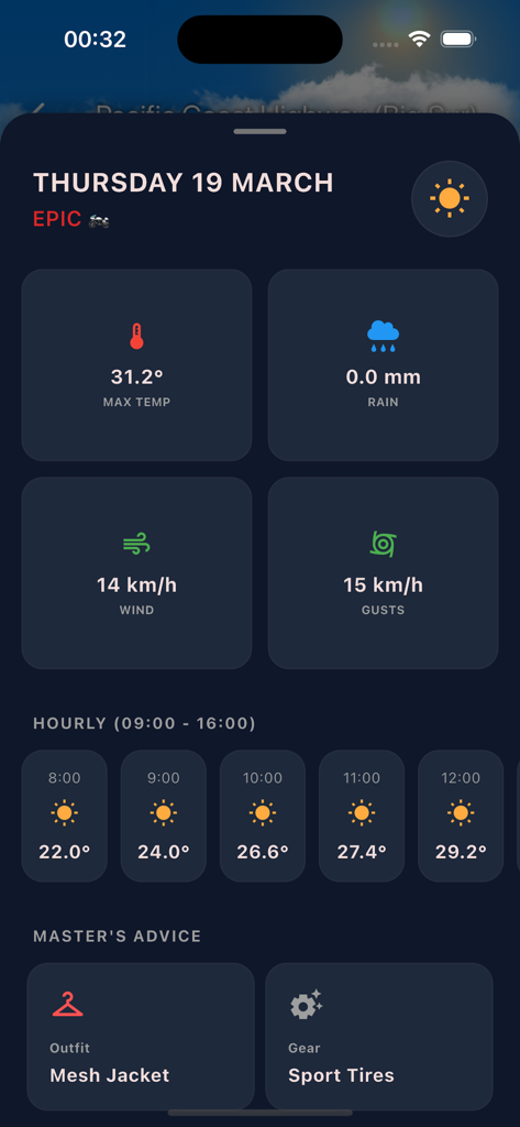 RideDay: Moto & Roads - Painel do aplicativo RideDay mostrando uma previsão de tempo diária para motos com detalhes de temperatura, vento e conselhos de equipamentos.