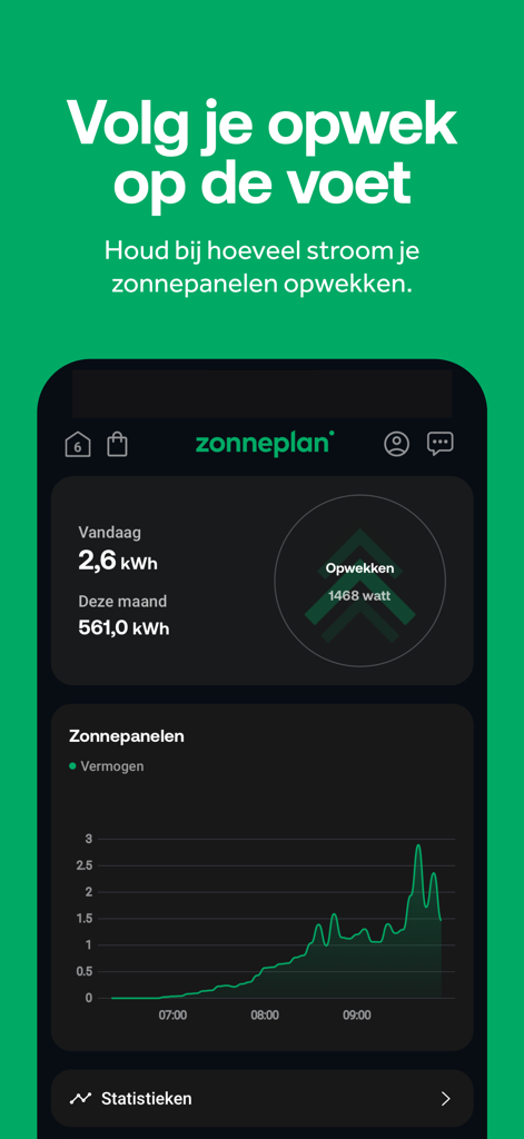 Zonneplan app interface showing solar panel energy production statistics and live power graph