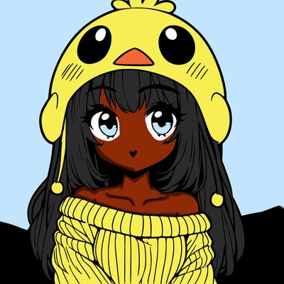anime girl with chick shaped hat with sweater with bare shoulders with bangs covering them one eye with low tail