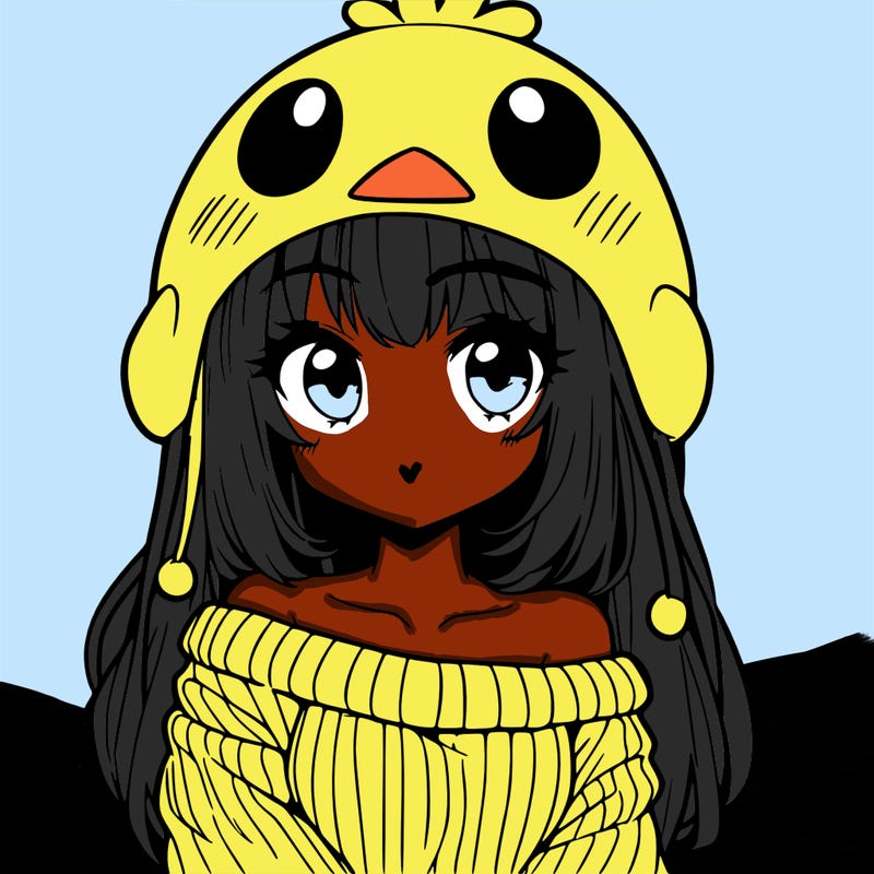 anime girl with chick shaped hat with sweater with bare shoulders with bangs covering them one eye with low tail