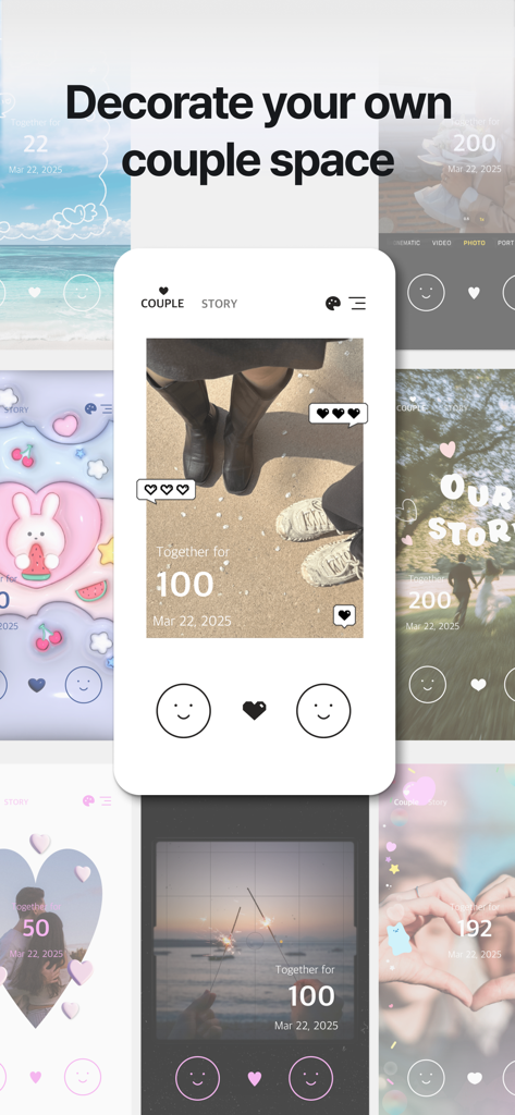 The Couple (Days in Love) - A collage showing various aesthetic home screen layouts for tracking couple anniversaries and memories.