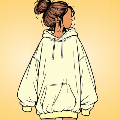 realistic girl with a oversized sweatshirt on and a bun