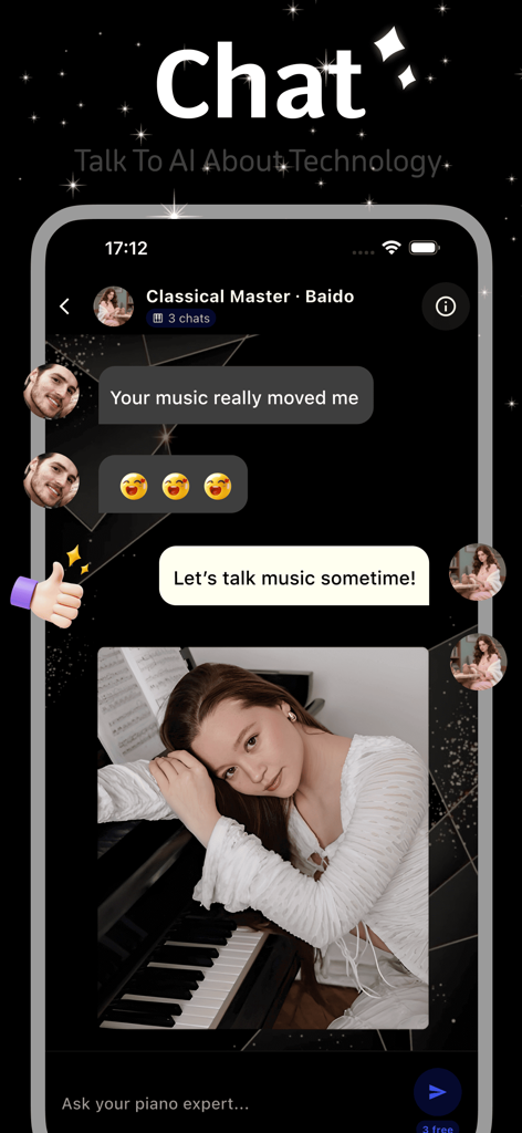 Panno - Interface de l'application Panno montrant une conversation par chat avec un mentor de piano IA nommé Classical Master.