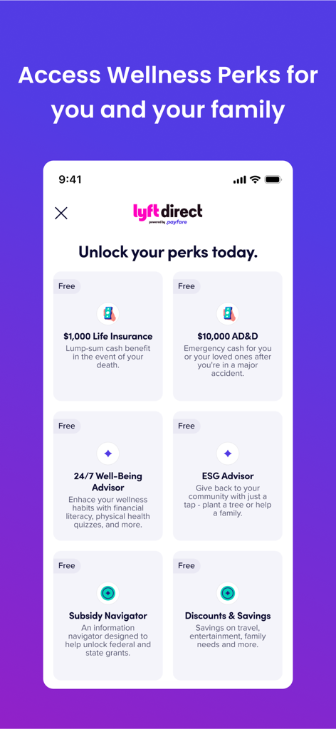 Lyft Direct app screen showing driver wellness perks including life insurance and accident coverage
