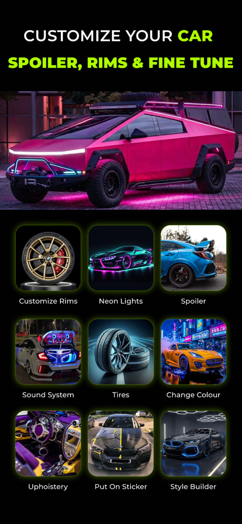 AI Car Modifications - CarMod - Interfaz de la aplicación de personalización con IA de modificación de coches mostrando opciones de personalización como llantas y luces de neón con un ejemplo de Cybertruck rosa