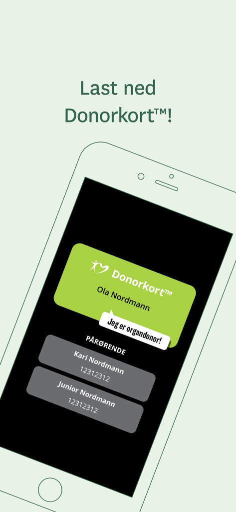 Donorkort - Smartphone screen displaying a digital organ donor card with name and next of kin contact details