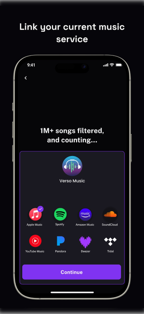 Verso: Clean Music AI - Apple Music、Spotify、その他のストリーミングプラットフォームのVerso音楽サービス統合オプションを表示するモバイル画面