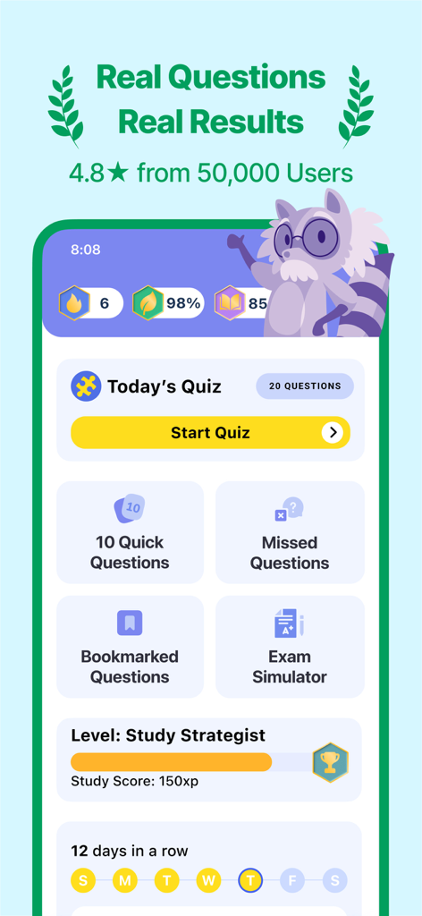 NCE Exam Prep 2026 | EZPrep - Dashboard der NCE Exam Prep App mit Lernwerkzeugen, einem täglichen Quiz und spielerischer Fortschrittsverfolgung mit einem Waschbär-Maskottchen.