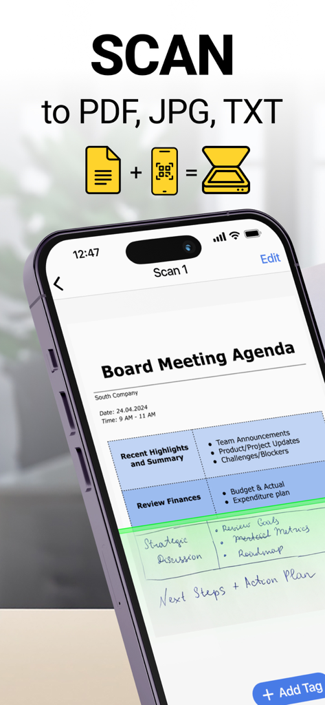 Photo to PDF Convert Scanner + - Interfaz de smartphone escaneando la agenda de una reunión de negocios a PDF, JPG o TXT