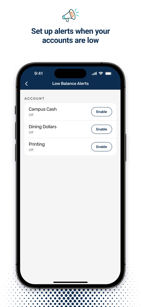 Transact eAccounts - Mobile interface for setting up low balance alerts for campus cash, dining dollars, and printing accounts.