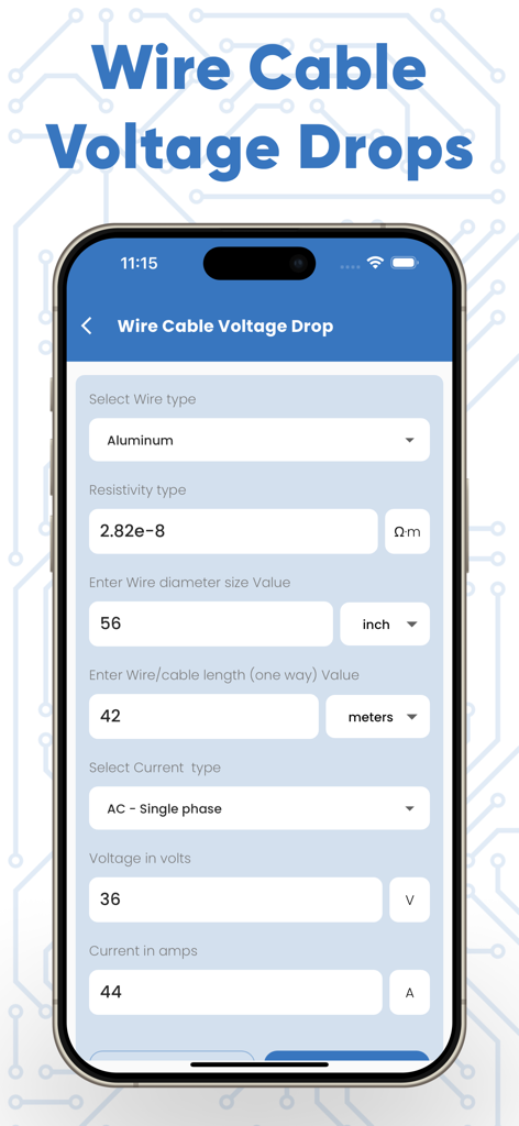 Cable Size Calculators - Interface of the wire cable voltage drop calculator showing input fields for wire type resistivity and length