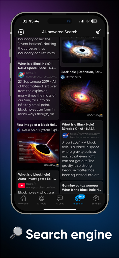 AI Hub: 50+ Open Source LLM - Interface of the AI Hub mobile app displaying AI powered search results for black holes