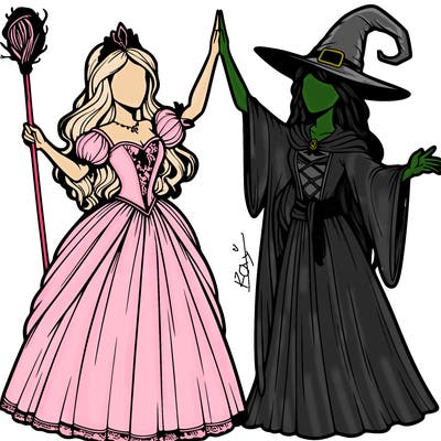 detailed realistic split of a princess and a witch