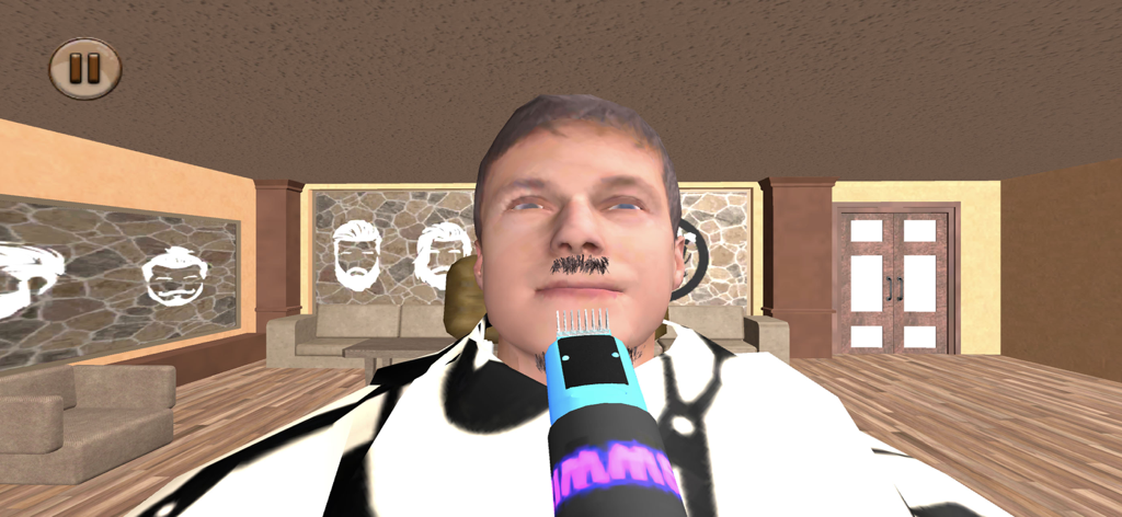 Uma simulação 3D de um barbeiro aparando a barba de um cliente com uma máquina de barbear elétrica