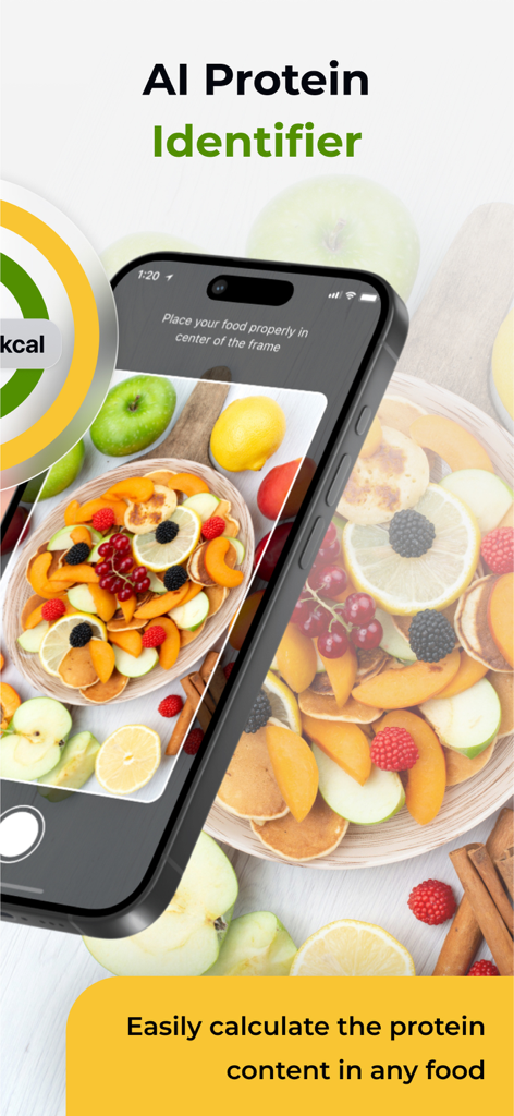 Protein Tracker & Calculator - Um smartphone usando o recurso Identificador de Proteína IA para escanear uma refeição e calcular o conteúdo de proteína