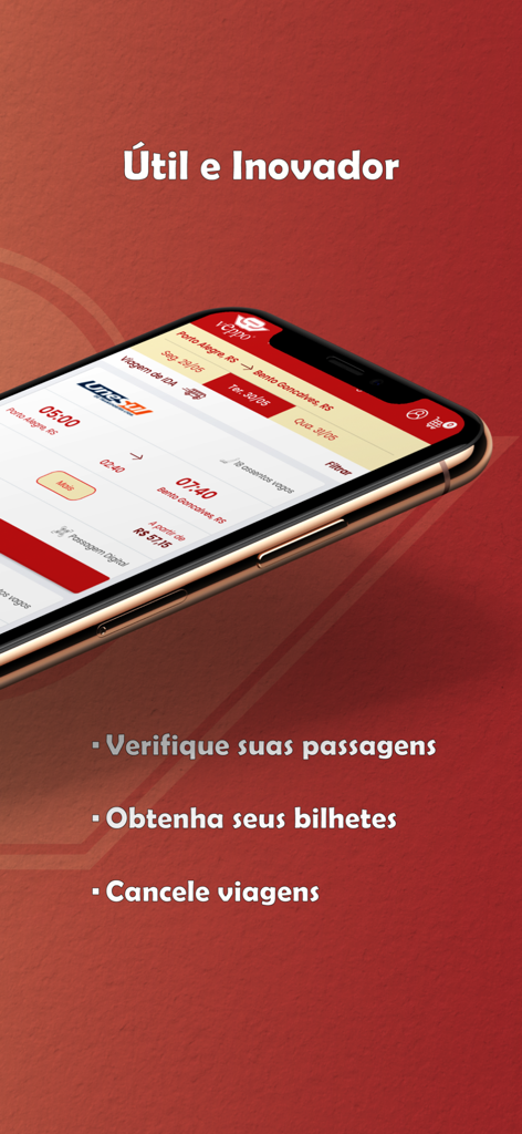 Smartphone screen showing bus ticket search results and travel features for the Veppo Rodoviaria POA app