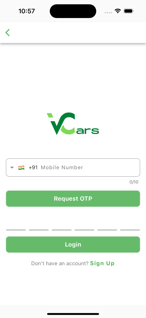 VCars - Self Drive Car Rentals - Pantalla de inicio de sesión de la aplicación de alquiler de coches de auto-conducción VCars que muestra la entrada del número de móvil y el botón de solicitud de OTP