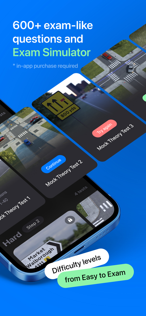 Driving Theory Test Genie™ - Interfaz de la aplicación Driving Theory Test Genie que muestra exámenes de práctica y niveles de dificultad.