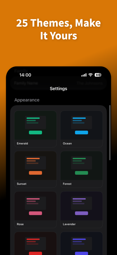 Amber - Cards for Families - Settings screen of the Amber app showcasing various customizable color themes like Emerald Ocean and Sunset