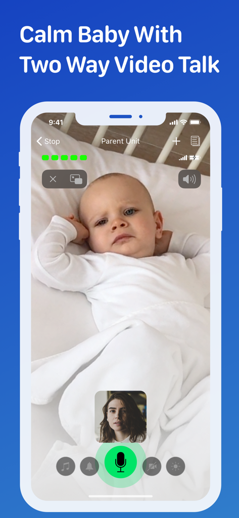 Cloud Baby Monitor app interface showing the two way video talk feature with a baby in a crib