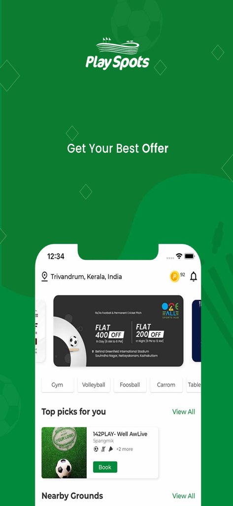 Playspots- Sports facilities - Playspots App-Oberfläche mit Sportkategorien und Angeboten zur Buchung von Sportanlagen