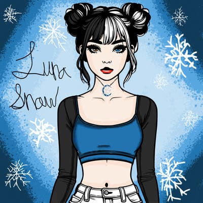 realistic girl with space buns and bangs and a crop top
