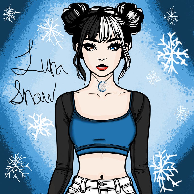 realistic girl with space buns and bangs and a crop top
