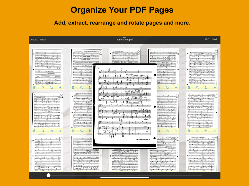 iGigBook Sheet Music Manager - A view of the iGigBook app interface for organizing, adding, and rearranging PDF sheet music pages in a grid.