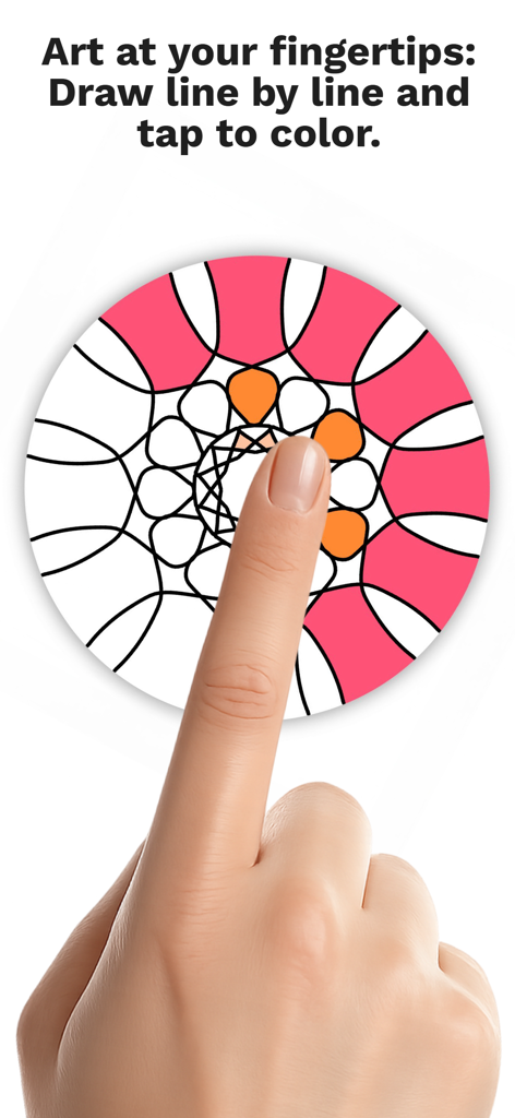 Hand tapping to color a geometric mandala pattern in the Make it Mandala app