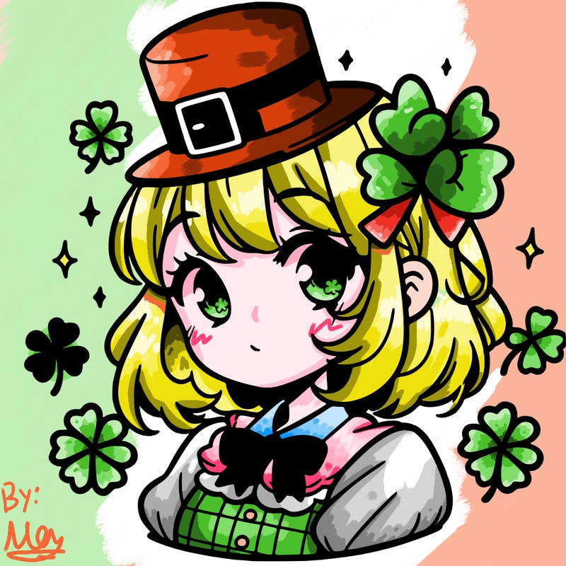 a manga-style girl with clovers around her, a little hat in her hair, like it's saint patrick's day