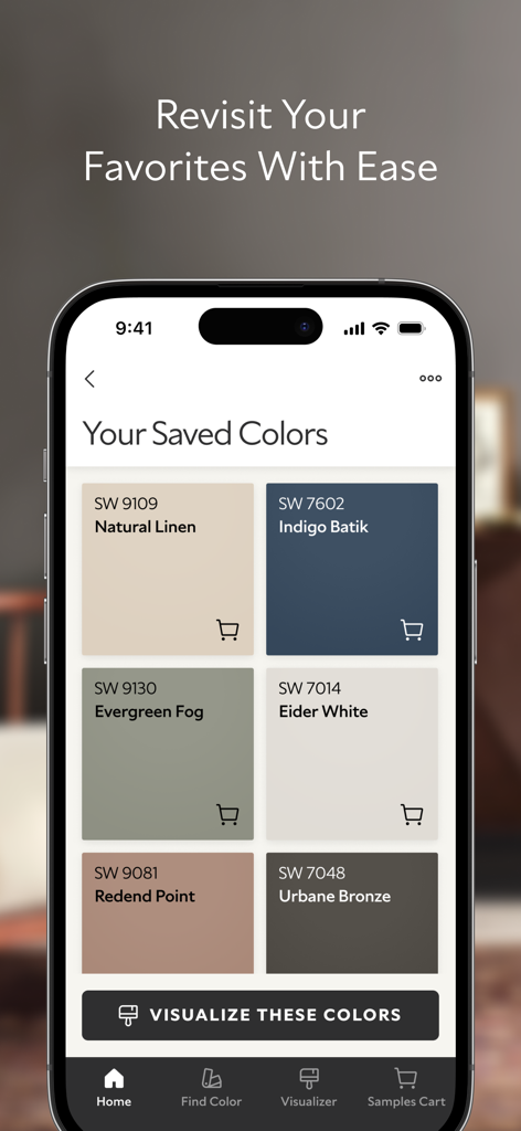 The Sherwin-Williams Color Expert app displaying a curated list of saved paint colors like Natural Linen and Indigo Batik.