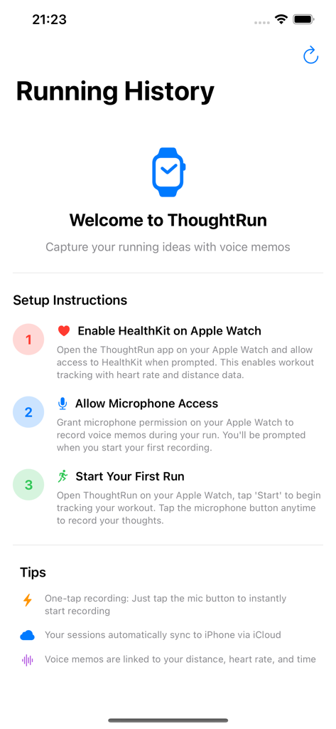 Onboarding screen for the ThoughtRun app showing setup instructions for Apple Watch voice memo capture.