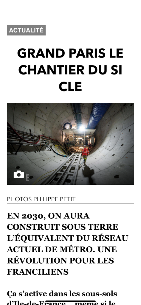 L'ancienne app Paris Match - Ein Nachrichtenartikel über den U-Bahn-Bau des Grand Paris in der Paris Match App.