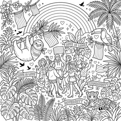 Immerse yourself in a lush rainforest teeming with life and celebration! This intricate coloring page, perfect for teens, beautifully captures the spirit of Pride Month with diverse characters and empowering symbols.