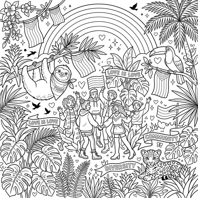 Immerse yourself in a lush rainforest teeming with life and celebration! This intricate coloring page, perfect for teens, beautifully captures the spirit of Pride Month with diverse characters and empowering symbols.