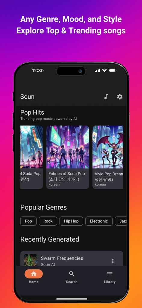 AI Music & Songs Maker - Soun app interface showing trending AI generated pop songs and popular music genres like rock and hip hop.