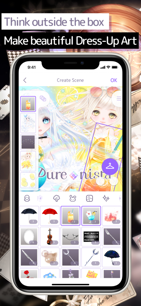 Purenista M: Dress-up & Chat - Purenista M app interface showing two anime avatars and decorative items in the Create Scene mode
