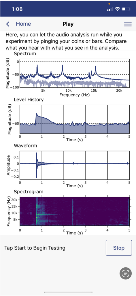 Pantalla de análisis de audio que muestra el historial de niveles de espectro, forma de onda y espectrograma para la verificación de monedas de oro y plata